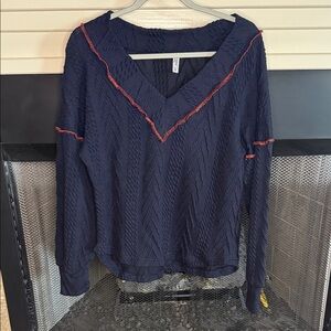 ePretty Navy Blue V-Neck Sweater with Red Accents